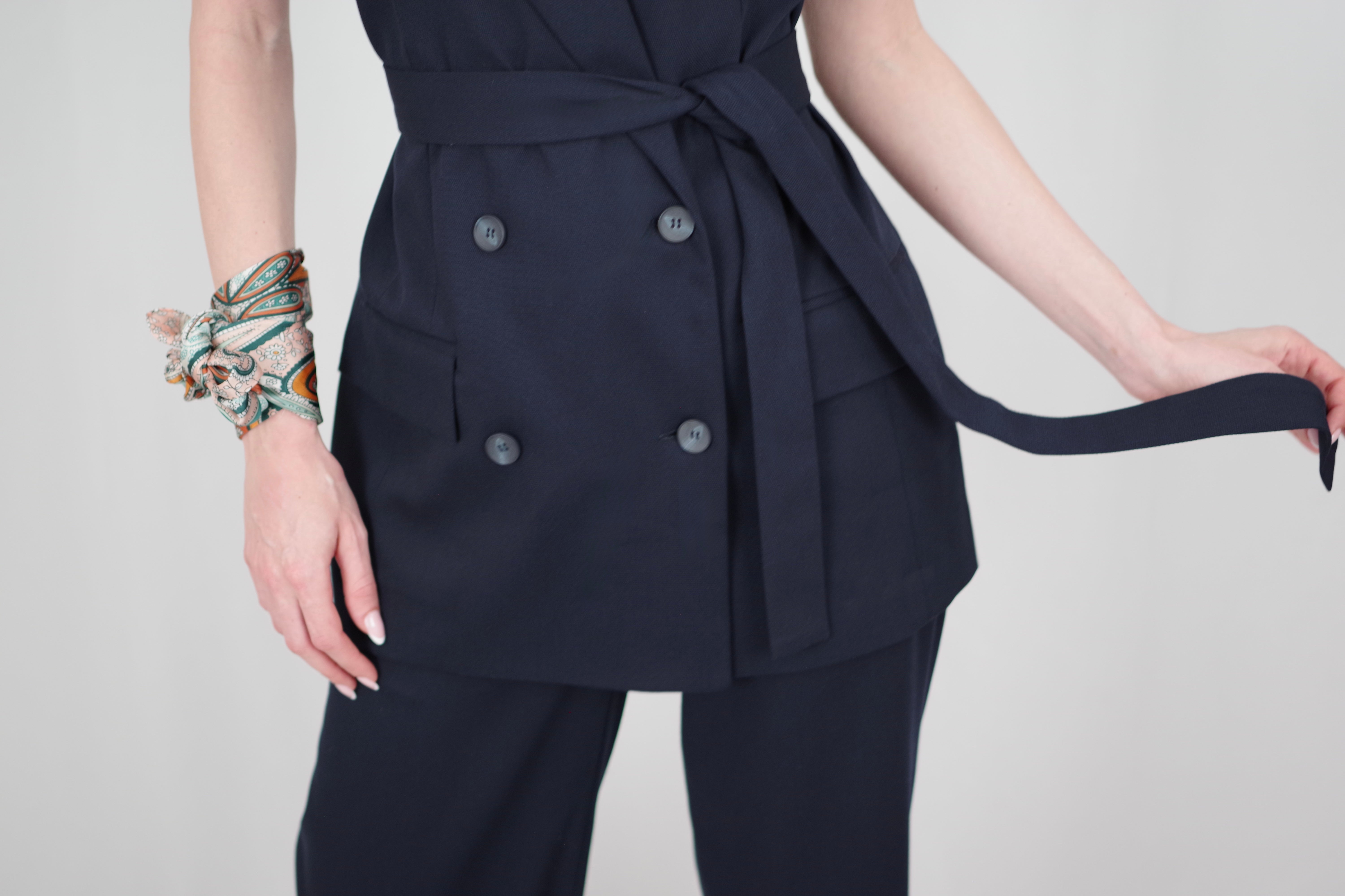Amélia Women’s Versatile Vest – Short Sleeve, Belted, Navy - Photo 1