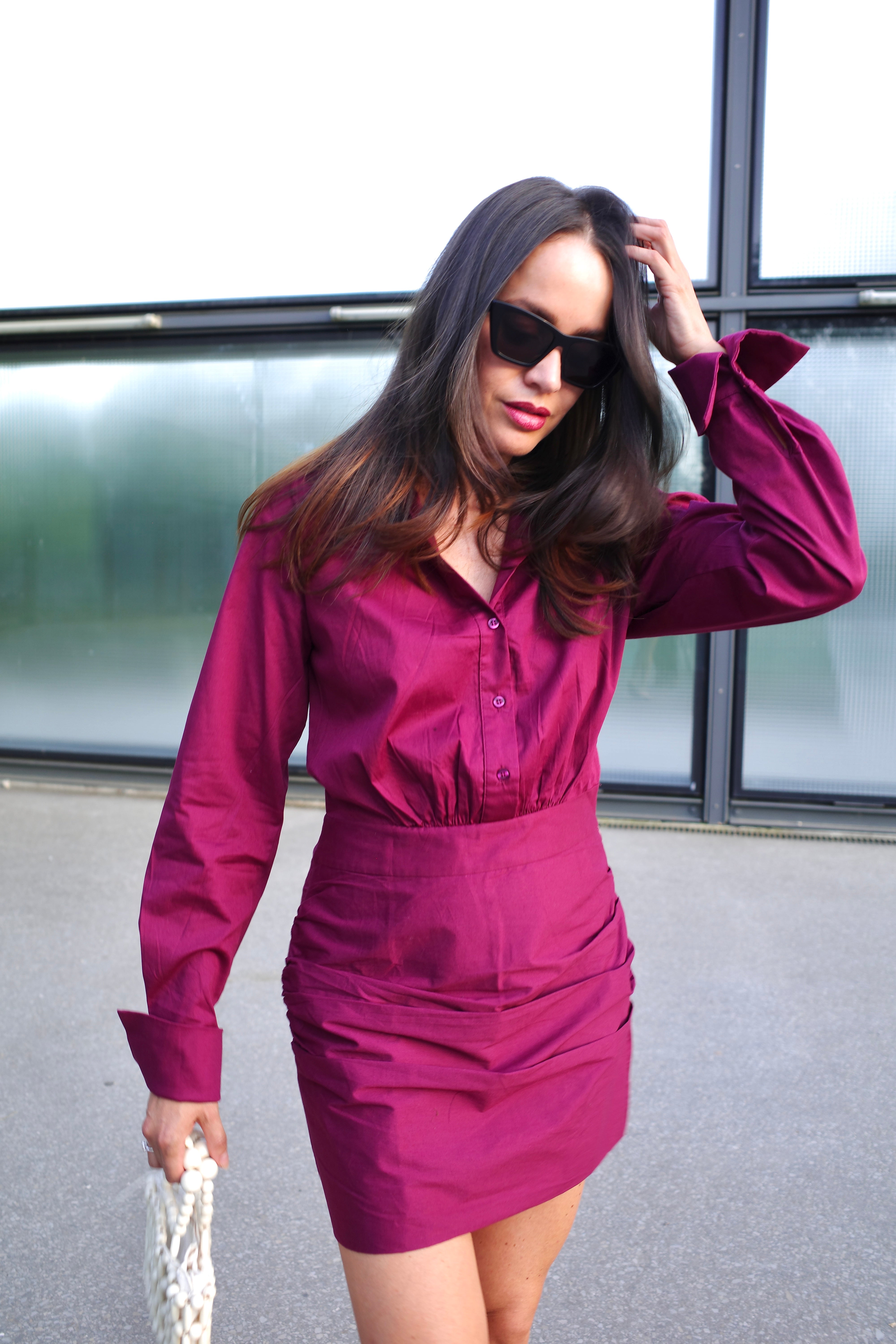 shirt dress with ruching Ruched Drawstring Half Button Mini Shirt Dress