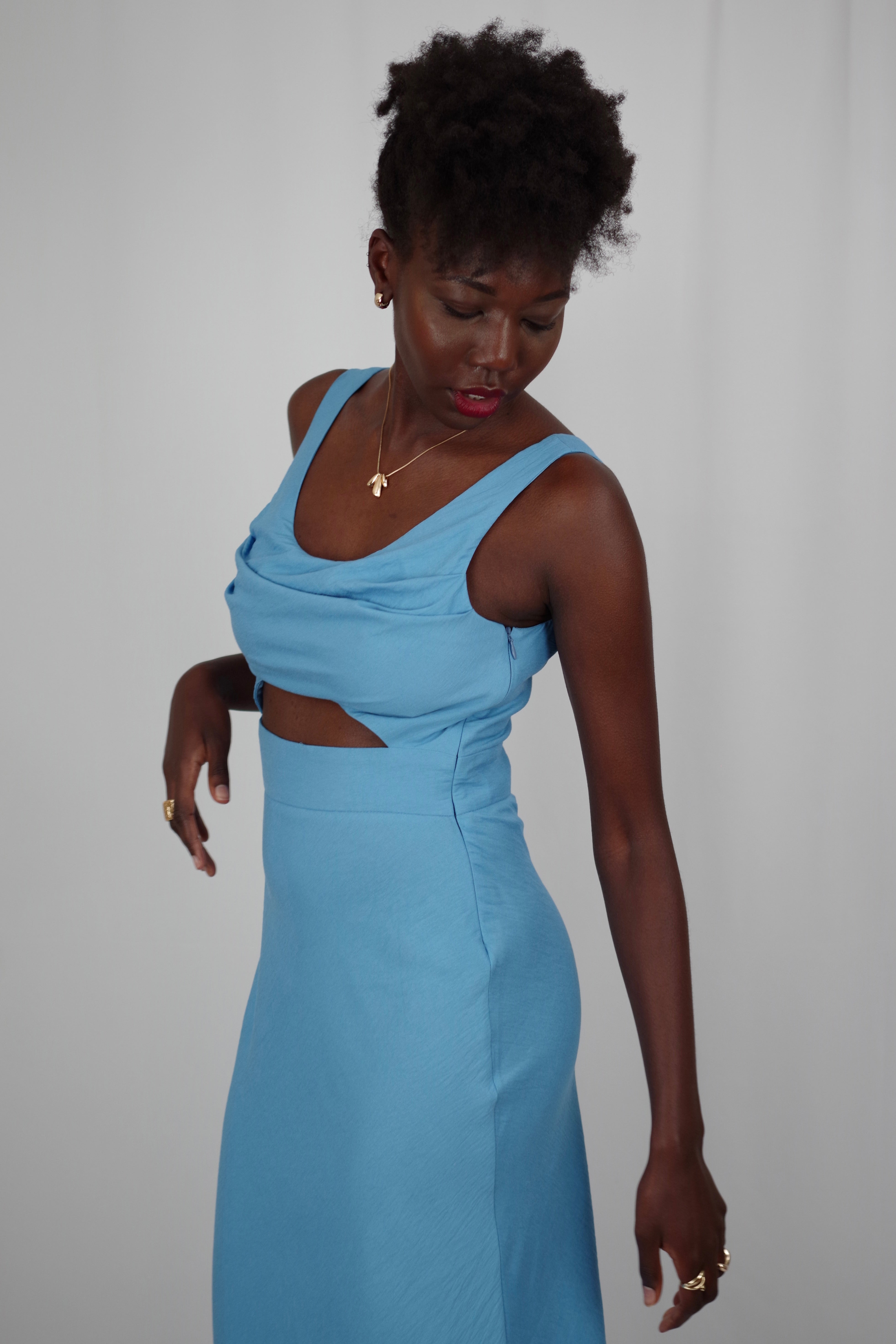 blue cut out midi dress Cotton Linen Blend Blue Cut-Out Midi Dress
