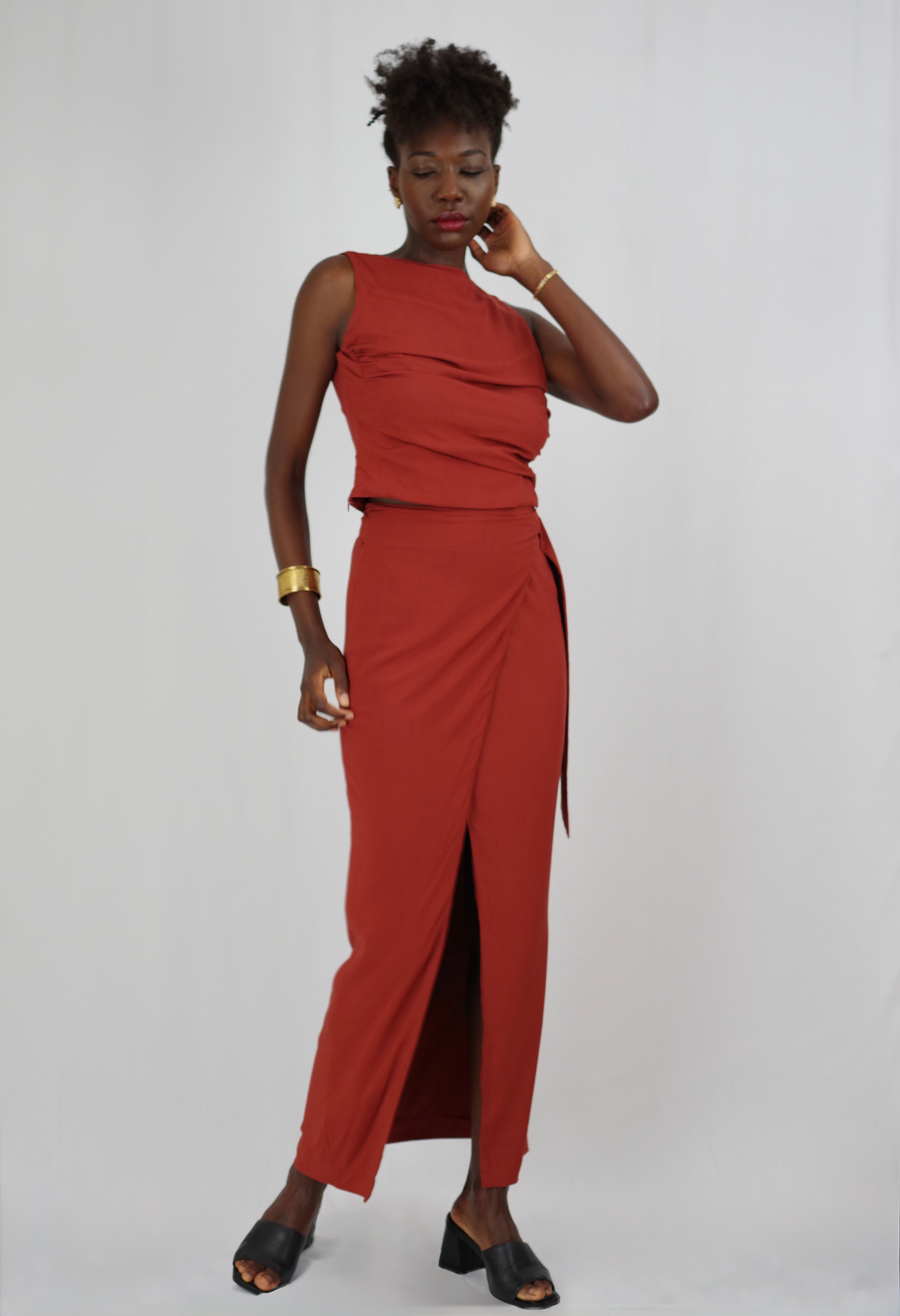 Women’s Wrap Terracotta Skirt Barbara – Midi Length, Buckle Detail, Summer Look