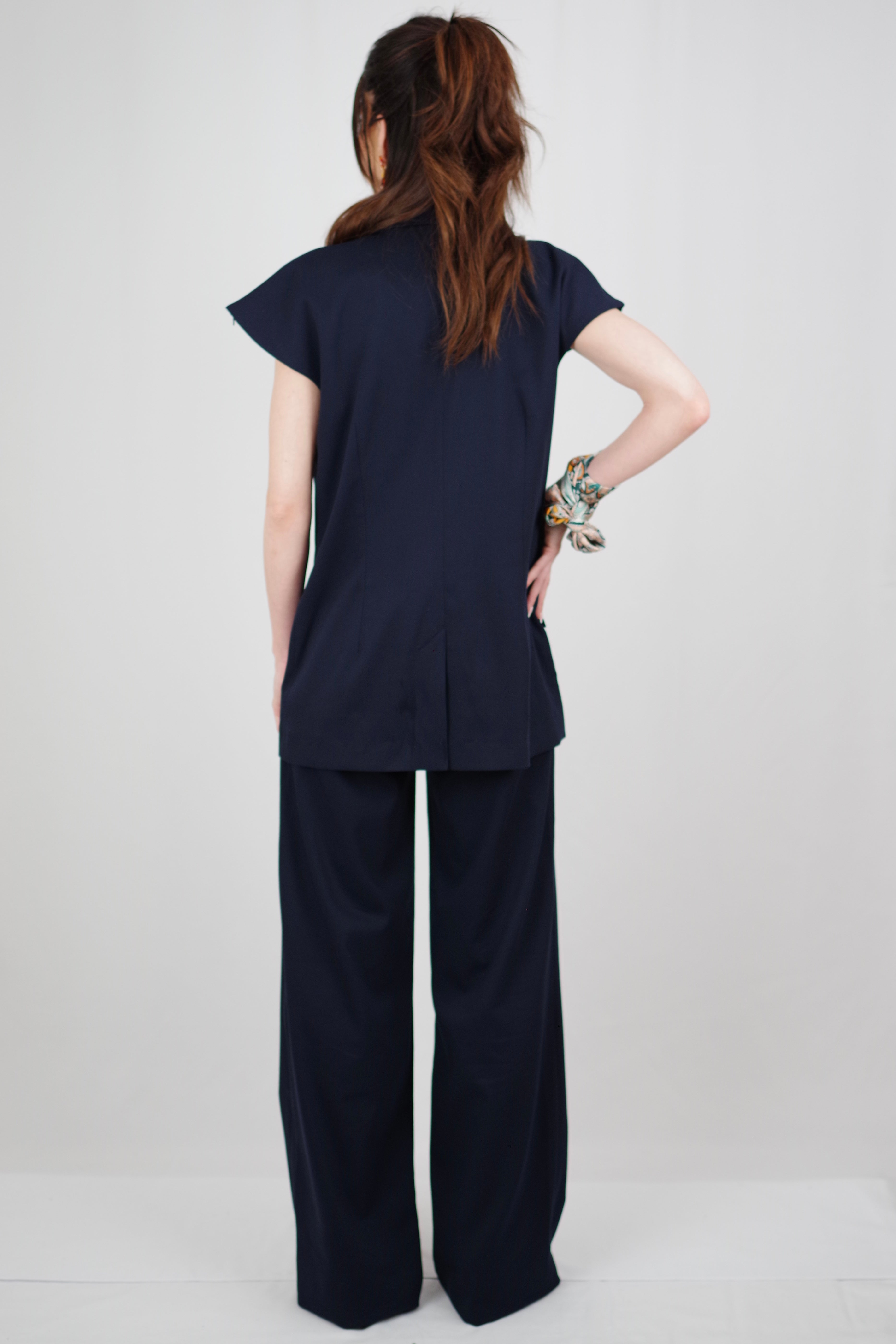 Amélia Women’s Versatile Vest – Short Sleeve, Belted, Navy